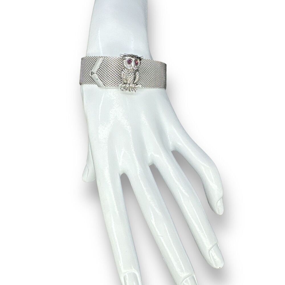 Vintage SARAH COVENTRY Owl Rhinestone Silver Tone Mesh  Slide Bracelet